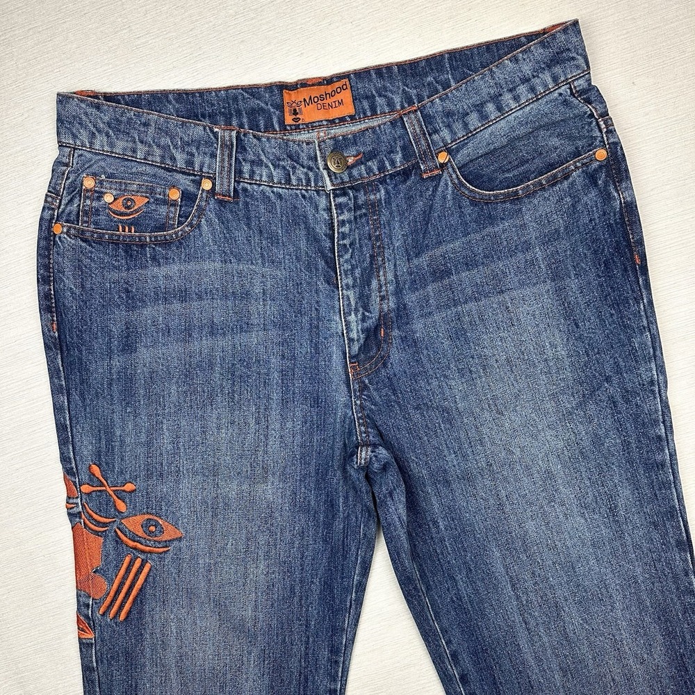 Moshood Denim Wide Leg Embroidered Jeans Raw Edge Cuff Men 39x29 Med Wash - Picture 3 of 13